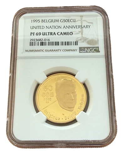 Belgium 1995 Gold 1/2 oz 50 Ecu NGC PF69UC United Nation Anniversary