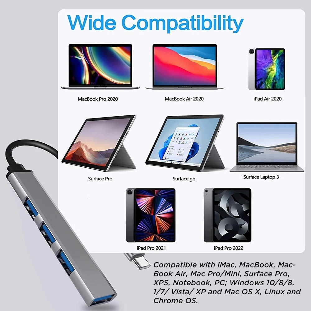 Type USB C to USB Hub Extensions 4 Port USB 3.0 Hub Expander PC MAC Mini Adapter
