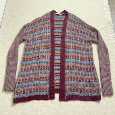 Soft Surroundings Women Eirene Wool Purple Plaid Cardigan Sweater S/M