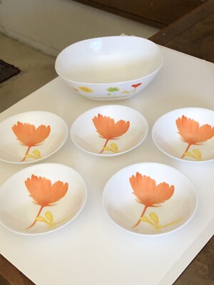 VTG ARC ARCOPAL FRANCE MILK GLASS LARGE SALAD BOWL W/5 SMALL BOWLS FLORAL PYREX