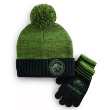 Boys Jurassic Park Hat  Gloves Set - One Size, Green and Black