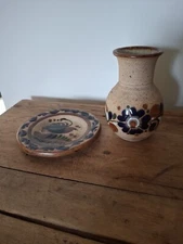 Tonala mexican pottery 6" trinket dish plus 5.5" vase Signed.