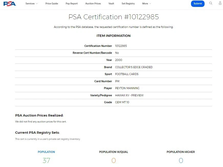 Collector's Edge 2000 graduado Hawaii XV promoción PM Peyton Manning Salón de la fama PSA 10 POP 37 Foto 3 de 4