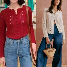 Sezane Women with Hollowed-out Hook Flower Round Neck Long Sleeve Knit Cardigan