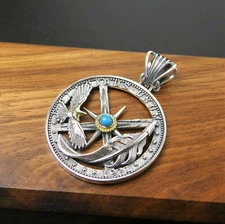925 Sterling Silver & Brass Cutout Coin Pendant Flying Eagle Feather Star Unique