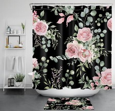 Garden Green Leaf Pink Rose Floral Black Shower Curtain Set for Bathroom Decor