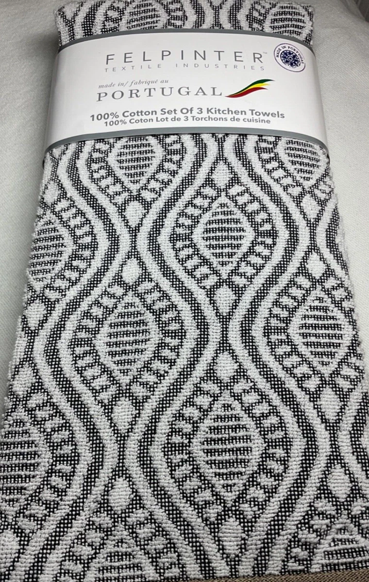 FELPINTER KITCHEN TOWELS (3) BLACK WHITE KHAKI 19 1/2 X 27 1/2 PORTUGAL NWT