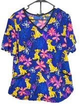 Disney Lion King Scrub Top Womens M Purple Yellow Cub Pockets Caregiver Nurse