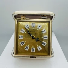 BULOVA Gold Wind Up Travel Alarm Clock Glow in the Dark Details Japan Works