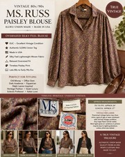 VTG 90s Paisley Blouse ILGWU USA Old Money Office Siren XL Retro Satin Drape EUC