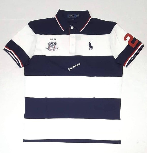 Polo Ralph Lauren Custom Slim Fit-USA World Cup Striped Big Pony Polo- Sz Large-