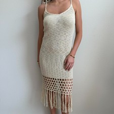 Fore Crochet Fringe Dress Womens Sz Small Beige Boho Cottage