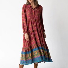 Natural Life Rebecca Long Sleeve Tiered Floral Red Midi Dress Size XXL Boho