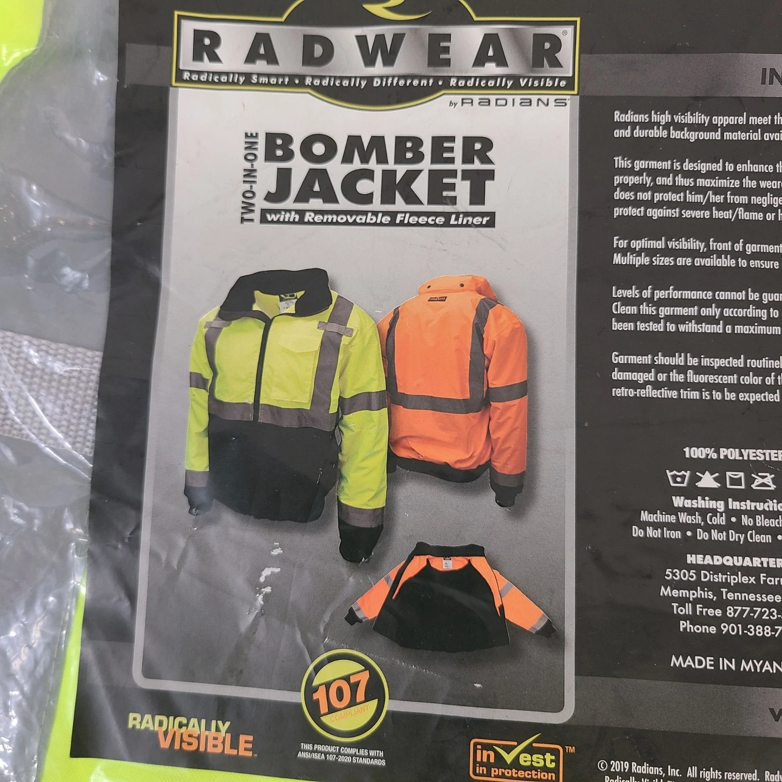 NEW Radians Hi-Vis Green Bomber Jacket Sz 2X Removable Liner ANSI/ISEA Class 3 - product detail image 2