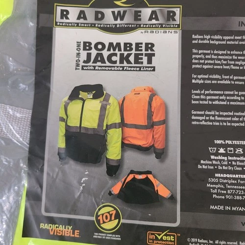 NEW Radians Hi-Vis Green Bomber Jacket Sz 2X Removable Liner ANSI/ISEA Class 3 image 2