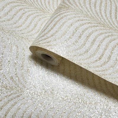 Ivory off white beige cream Natural Terra Mica Stone art deco feather Wallpaper