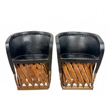 Pair Vintage Equipale Barrel Tub Chairs Black Tan Leather Mexican Rustic Folkart