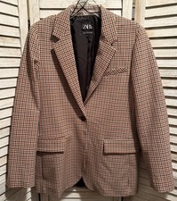 ZARA WOMAN  S PLAID CHECK BLAZER BLACK BROWN JACKET SZ medium b182