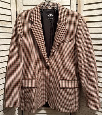 ZARA WOMAN S PLAID CHECK BLAZER BLACK BROWN JACKET SZ medium b182 