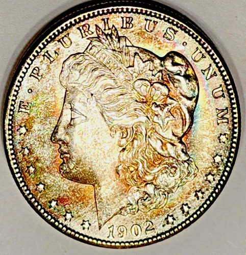 1902-O Ch Gem BU Natural Textile Rainbow Toned Morgan Dollar No Reserve !