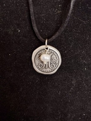 Handcrafted Wax Seal M Monogram Necklace with Freshwater Pearl #163