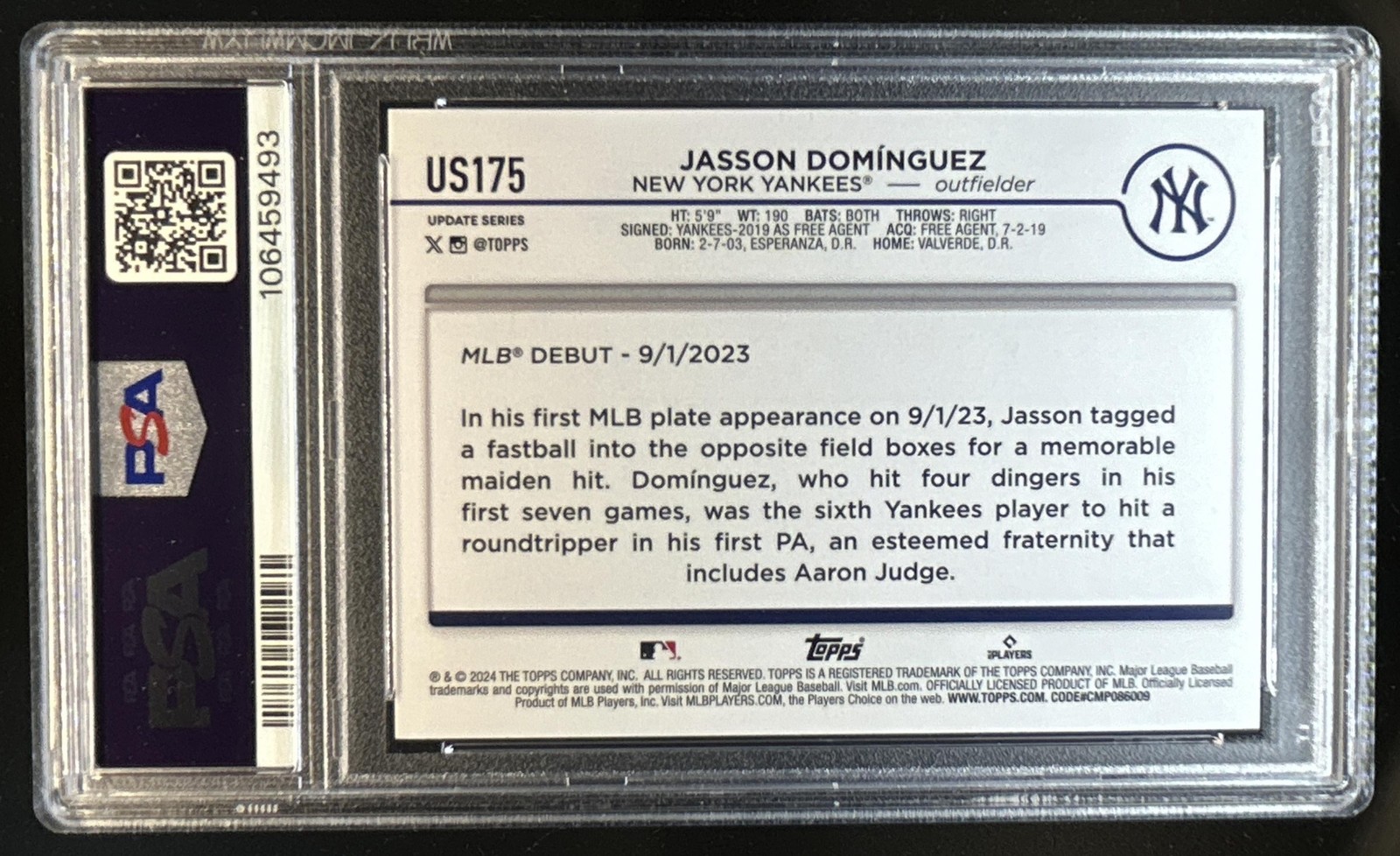 2024 Topps Update Jasson Dominguez RC Royal Blue Rookie #US175 Yankees PSA 10 view 2