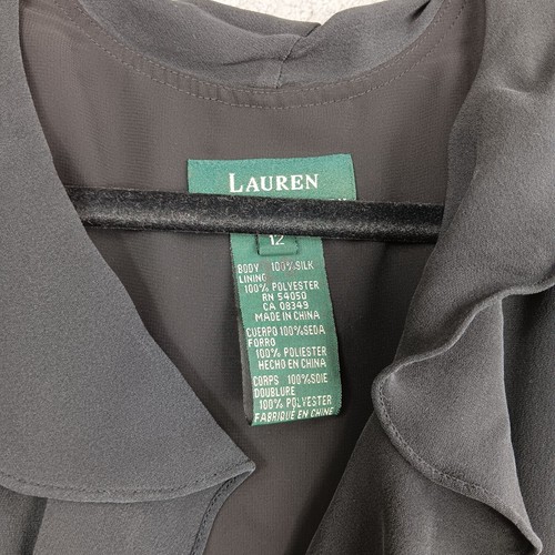 LAUREN RALPH LAUREN 100% Silk Maxi Dress Women’s 12 Black Button Up Ruffled Cap - Picture 5 of 7