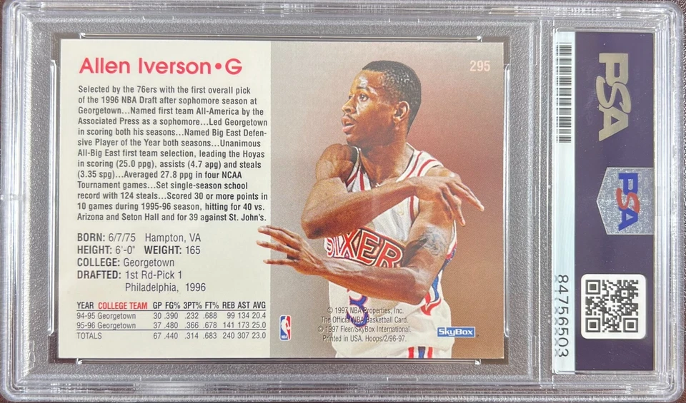 Allen Iverson RC 1997 Fleer #295 Philadelphia 76ers PSA Encap firmado automáticamente Foto 2 de 3