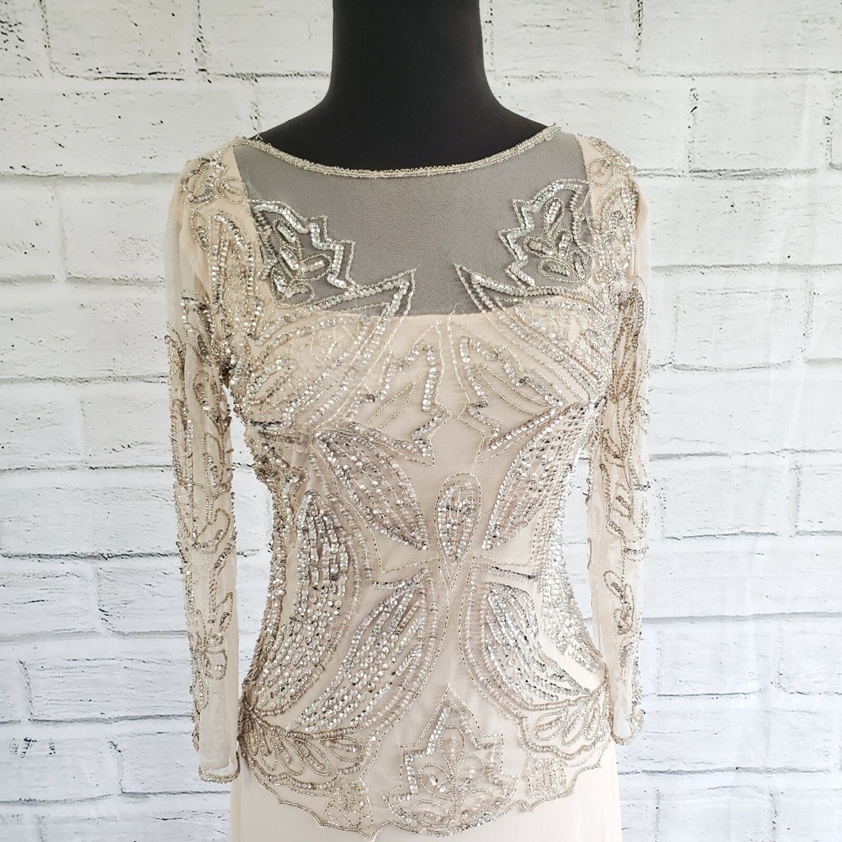 pisarro nights 3 4 sleeve beaded dress Pisarro Nights Blush Sheer 3/4 sleeve Beaded Gown Formal Womens Size 4 Rayon