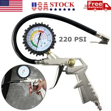 Dial Tire Inflator Gauge Flexible Hose 220 PSI Pistol Style Air Chuck Pneumatic
