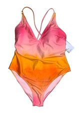 H M NEW Ombre Plunging Crossback Tie Back One Piece Swimsuit Pink Orange Sz L
