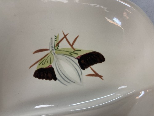 RED WING Pottery Lotus Bronze Relish Pickle Tray Divided 3 Parts MCM 12”X 6” Vtg - Foto 2 di 12