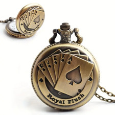 Steampunk Antique Flush Poker Cards Pocket Watch with 31.5" Chain for Men Women