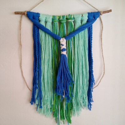 Boho Macrame Yarn Wall Hanging Greens Blues White Tribal OceanSky Home Decor