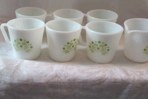 Pyrex Coffee Mugs Green Summer Impressions Milk Glass Set of 6 Plus Creamer 
