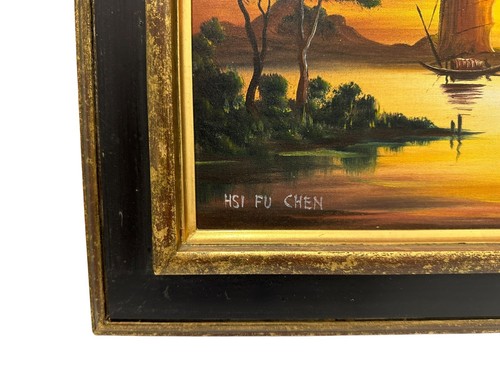 VINTAGE Chinese Junket Orange Yellow Oil On Canvas Painting Signed Hsi Fu Chen - Bild 5 von 7