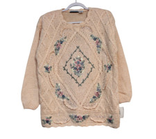 NWT Vintage 90s Chunky Knit Sweater Large Floral Embroidered Grandma Cottagecore