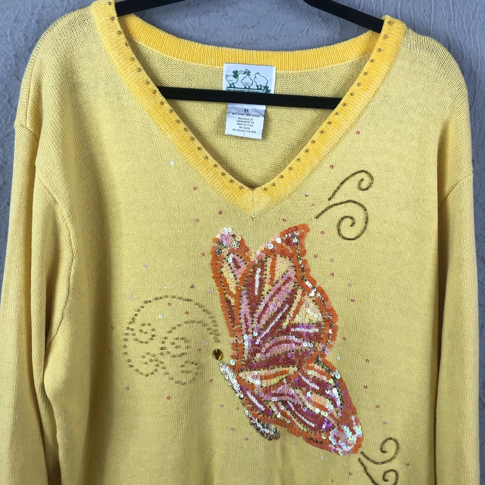 Quacker Factory Sweater Womens 2X Plus Size Yellow Orange Butterfly Sparkle Art - Image 2 of 4