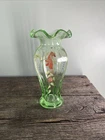 Fenton Hand Painted Beautiful Clear Green Vase With Flowers