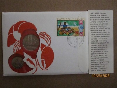 1972 CAYMAN ISLANDS 5 & 25 CENT UNCIRCULATED COINS KM2, 4 PNC FDC