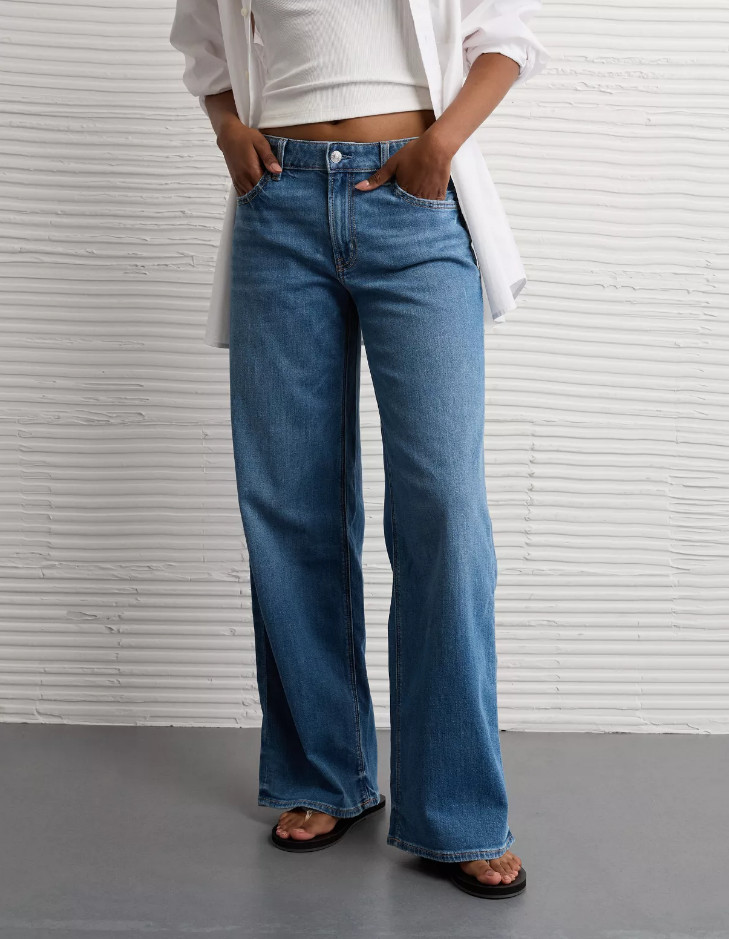 AE Dreamy Drape Stretch Super High-Waisted Baggy Wide-Leg Jean, Medium Bright In