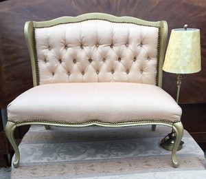 Antique Vintage upholstered bench loveseat- tufted back, gold trim, french style