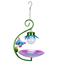 Hanging Bird Bath - Bird Baths for Outdoors, 11 Inch Glass Solar Bird Bath Bo...