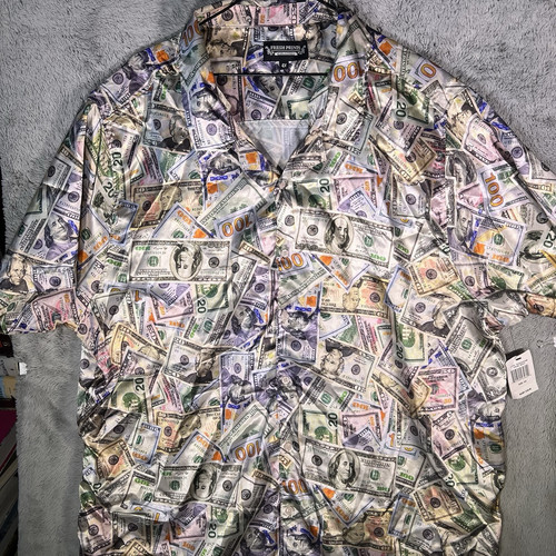 NWT Drill Clothing Fresh Prints $100 Bills Money Button Up Shirt Sz 4X Silk Feel