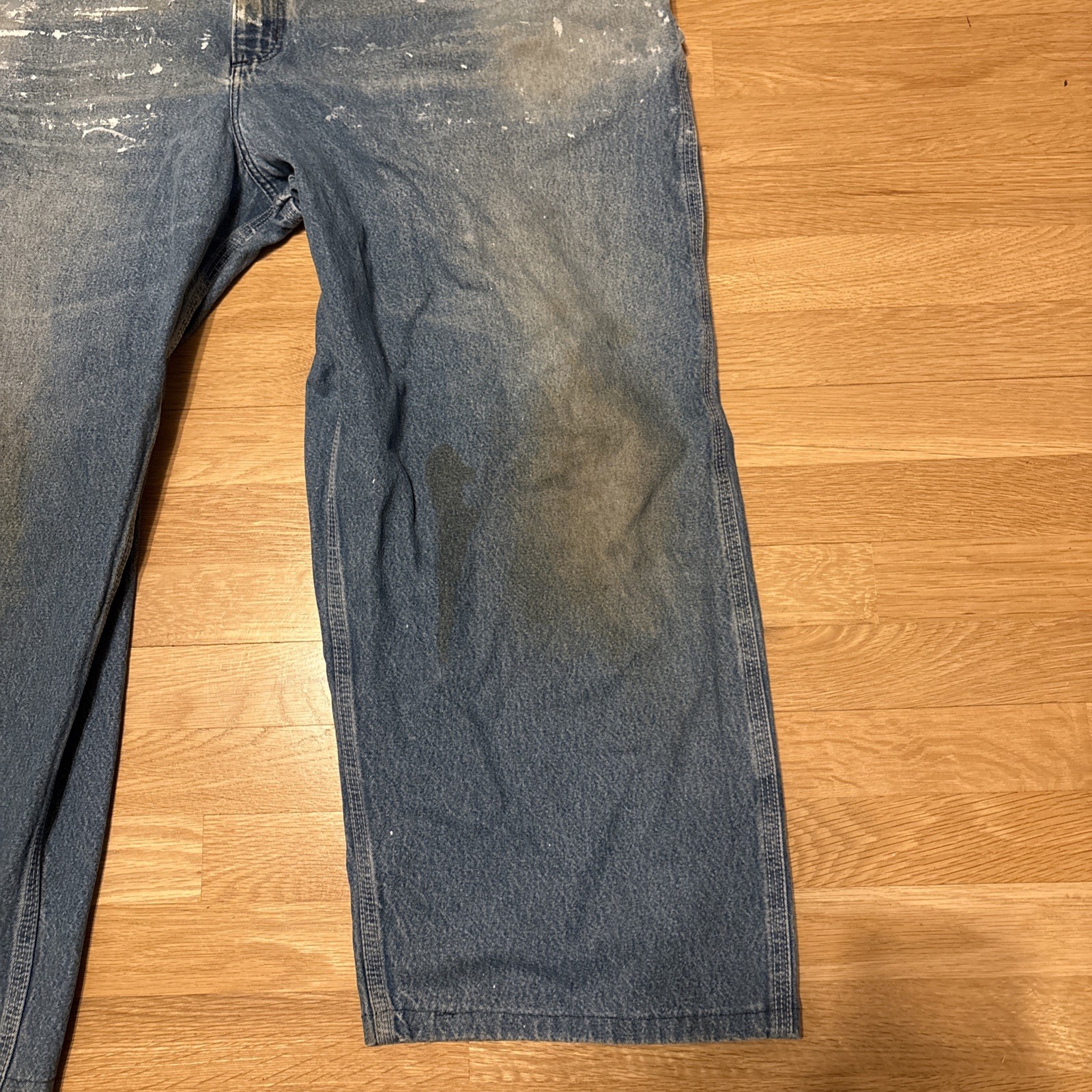 Carhartt R07 DST Mens Denim Jeans Carpenter Overalls Sz 48 X 26 Blue Distressed