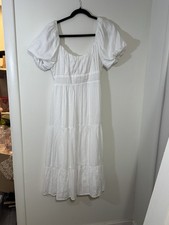 Altar'd State White Puff Sleeve Square Neck Lace Up Midi Dress Solid Size S