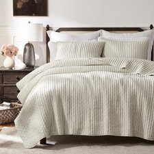 WDCOZY Beige Cross Stitch Twin Size Quilt Set, Netural Striped Lightweight Soft