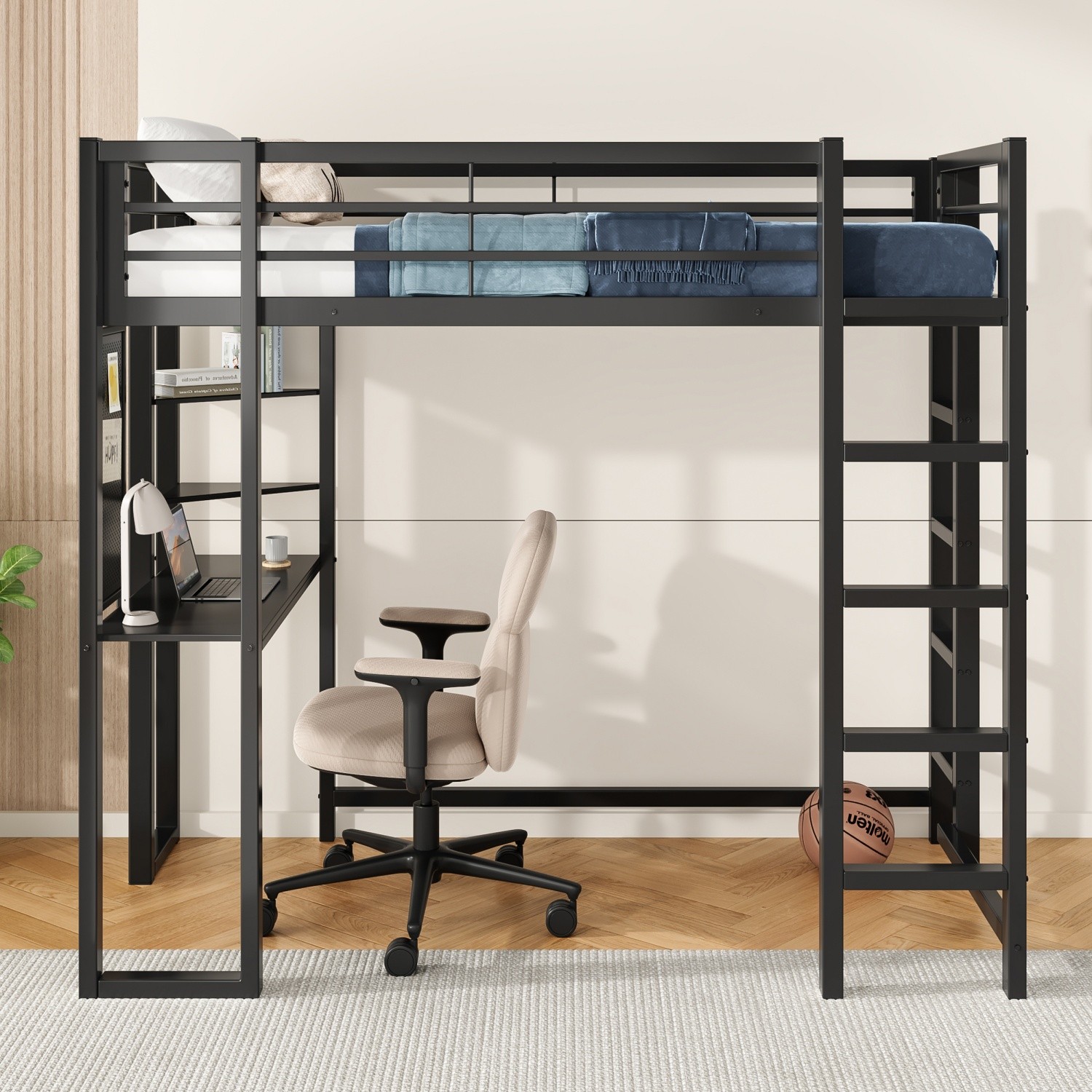 Twin/Full Size Metal Loft Bed Frame with Desk & Storage Shelves for Teens Black