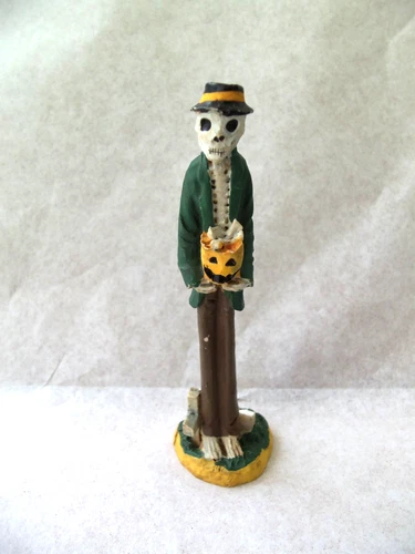 Miniature Slim Skinny Halloween Skeleton Goblin Holding Pumpkin!  4" TALL!