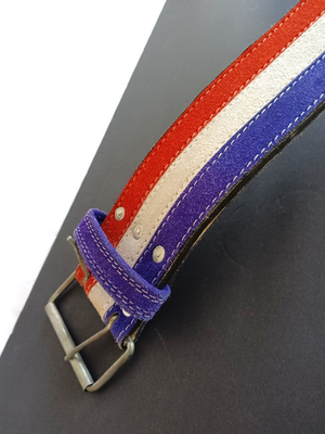 レザーパワーベルト 青 白 赤 ストライプ Vintage Leather Weightlifting Belt Size S Red White Blue Suede